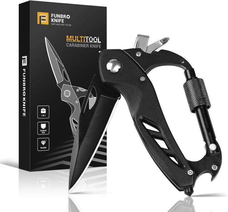 FUNBRO Multitool Carabiner with Pocket Knife, Stocking Stuffers Gifts for Men, EDC Carabiners with Folding Knives, Bottle Opener, Window Breaker and Screwdriver, Survival Gear for Camping Hiking - Image 1
